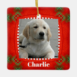 Niedlicher Hund Haustier Foto Rotes Grün Weihnacht Keramikornament