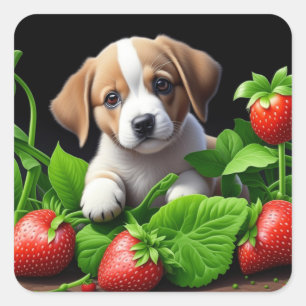 Niedlicher Hund in einem Haufen Erdbeeren Quadratischer Aufkleber