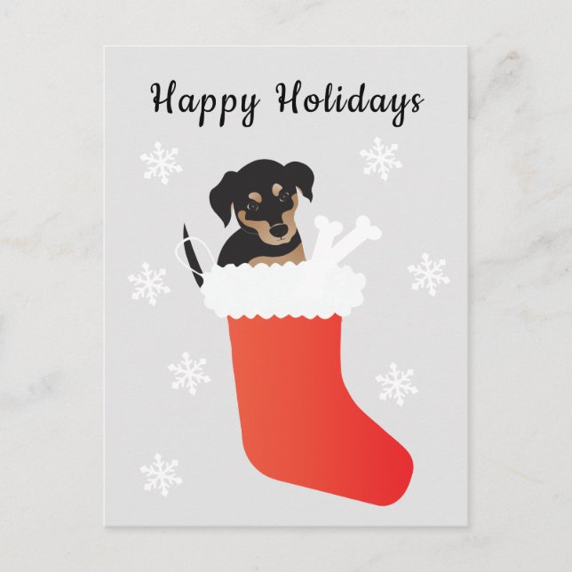 Niedlicher Hund in einem Strumpf Schneeflocken Postkarte (Vorderseite)