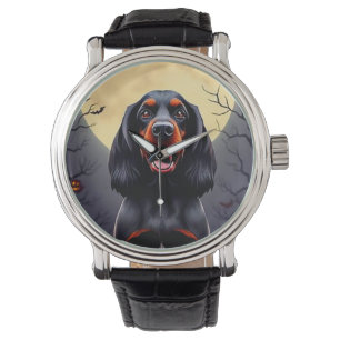 Niedlicher Hund in einer Halloween-Szene mit Kürbi Armbanduhr