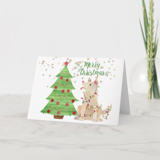 Niedlicher Hund in Weihnachtsbeleuchtung neben Bau Karte (Vorderseite)