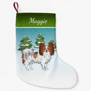 Niedlicher Hund in Winterwald, rot und weiß Papill Kleiner Weihnachtsstrumpf