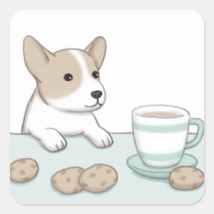 Niedlicher Hund, Kaffee und Cookies Illustration A Quadratischer Aufkleber