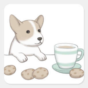Niedlicher Hund, Kaffee und Cookies Quadratischer Aufkleber
