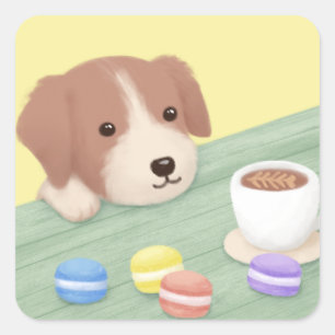 Niedlicher Hund, Kaffee und Macarons Illustration Quadratischer Aufkleber