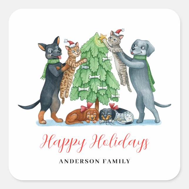 Niedlicher Hund Katze Weihnachten Quadratischer Aufkleber (Vorderseite)
