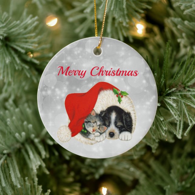 Niedlicher Hund Katze Weihnachtsfeiern Keramik Ornament (Baum)