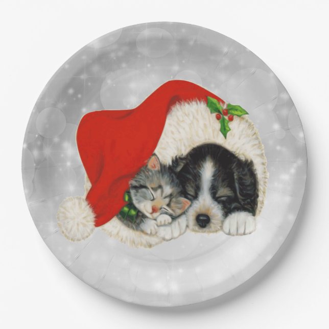Niedlicher Hund Katze Weihnachtsfeiern Pappteller (Vorderseite)