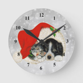 Niedlicher Hund Katze Weihnachtsfeiern Runde Wanduhr