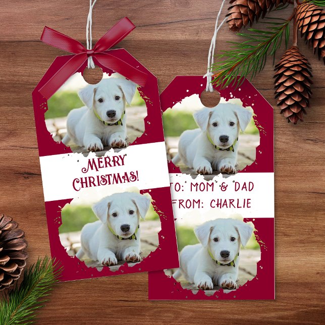 Niedlicher Hund liebt Personalisiertes Foto Muster Geschenkanhänger (Cute Dog Lovers Personalized Photo Pattern Red Gift Tags)