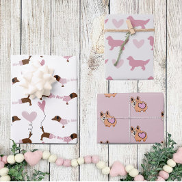 Niedlicher Hund Lover Pink Hearts Valentinstag Geschenkpapier Set
