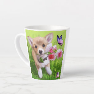 Niedlicher Hund mit Blume zur Rose Milchtasse