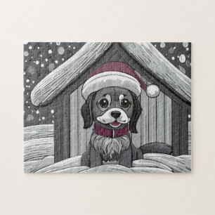Niedlicher Hund mit dem Weihnachtsmann im Schnee
