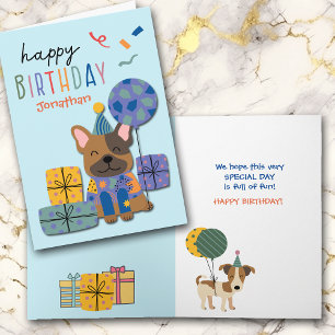 Niedlicher Hund mit Geschenken und Ballon Kinderge Feiertagskarte