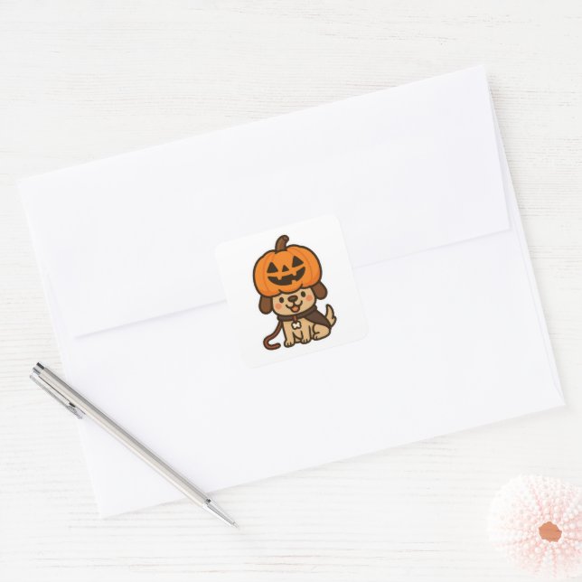 Niedlicher Hund mit Jack-o-Laterne Quadratischer Aufkleber (Umschlag)