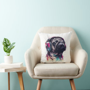 Niedlicher Hund mit Kopfhörer, Aquarellbilder Kissen