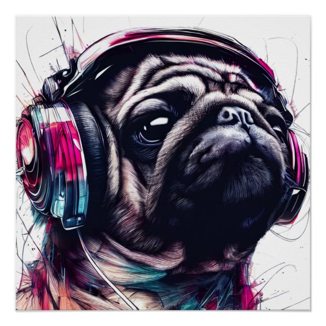 Niedlicher Hund mit Kopfhörer, Aquarellbilder Poster (Vorderseite)