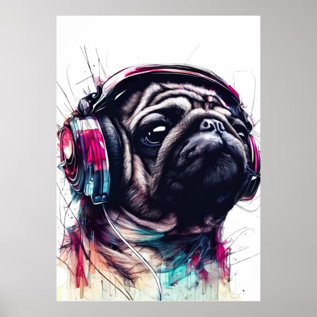 Niedlicher Hund mit Kopfhörer, Aquarellbilder Poster (Vorne)
