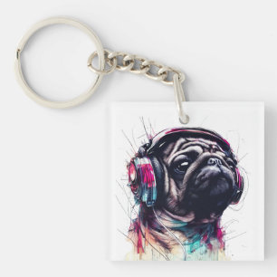 Niedlicher Hund mit Kopfhörer, Aquarellbilder Schlüsselanhänger