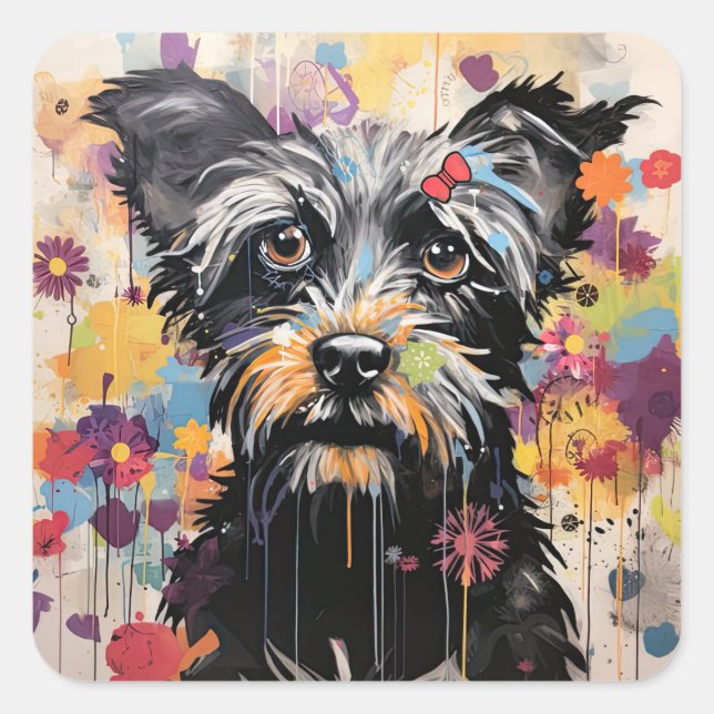 Niedlicher Hund mit Mixed Media Animal Pet Quadratischer Aufkleber (Vorderseite)