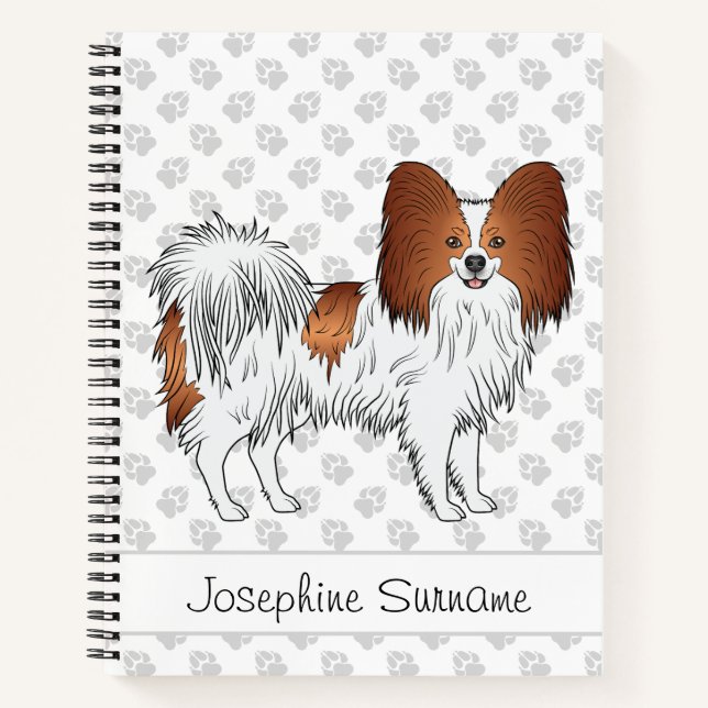 Niedlicher Hund mit  Papillon, rot und weiß, mit b Notizbuch (Vorderseite)