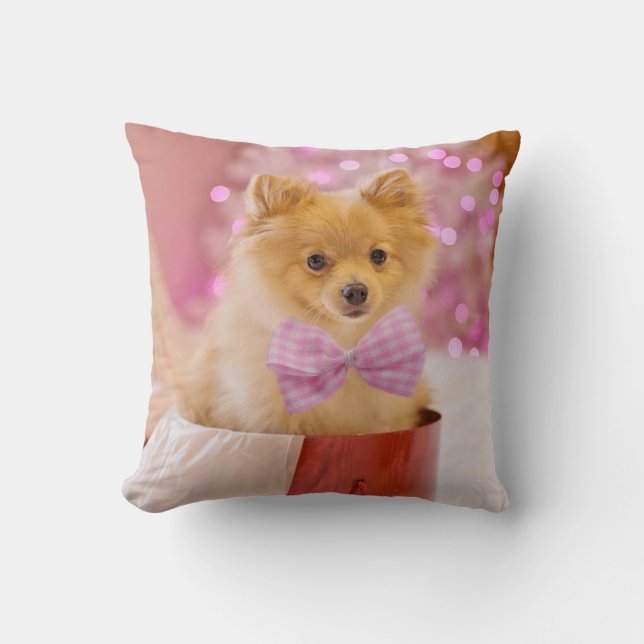 Niedlicher Hund mit Pink Bow Weihnachts-Foto Kissen (Vorderseite)