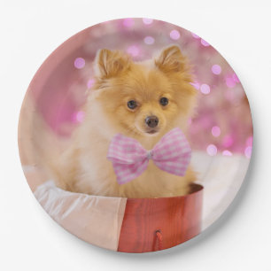 Niedlicher Hund mit Pink Bow Weihnachts-Foto Pappteller