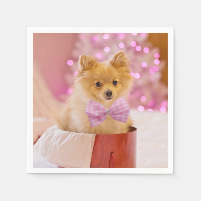 Niedlicher Hund mit Pink Bow Weihnachts-Foto Serviette (Vorderseite)