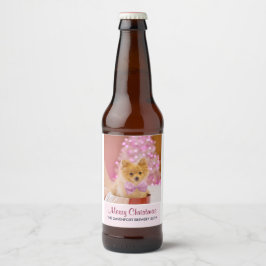 Niedlicher Hund mit Pink Bow Weihnachtsfoto Bierflaschenetikett