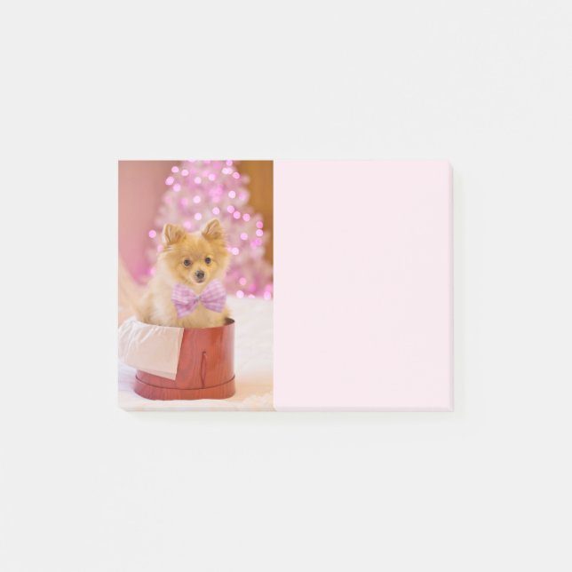 Niedlicher Hund mit Pink Bow Weihnachtsfoto Post-it Klebezettel (Vorderseite)