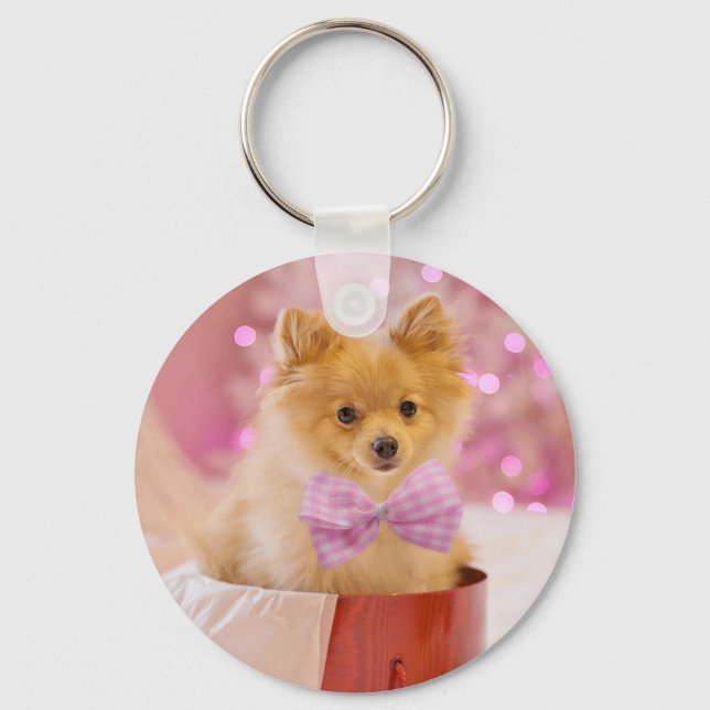 Niedlicher Hund mit Pink Bow Weihnachtsfoto Schlüsselanhänger (Vorderseite)