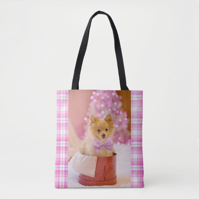 Niedlicher Hund mit Pink Bow Weihnachtsfoto Tasche (Vorderseite)