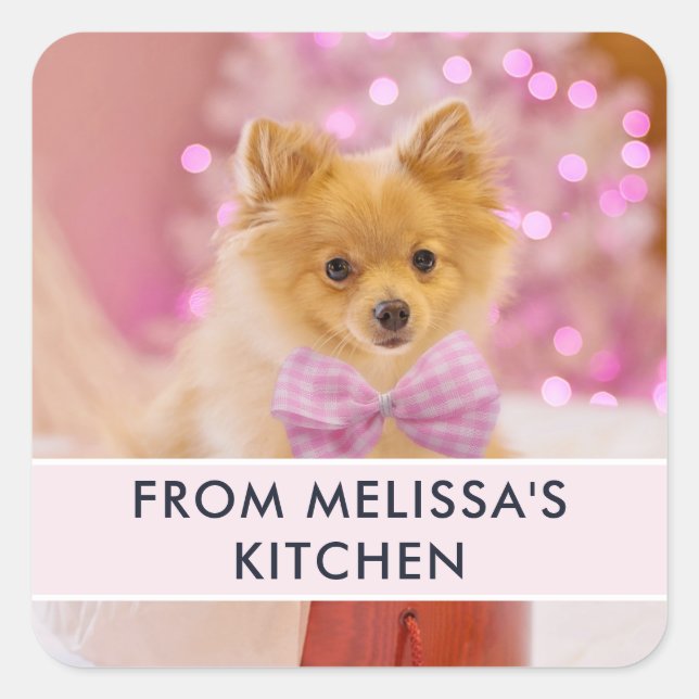 Niedlicher Hund mit Pink Bow Weihnachtsgeschenk Fo Quadratischer Aufkleber (Vorderseite)