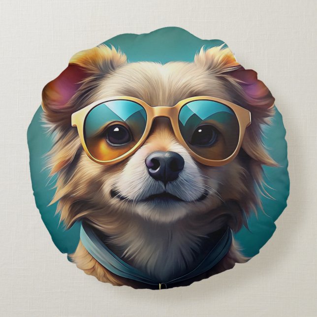 Niedlicher Hund mit Sonnenbrille Rundes Kissen (Rückseite)