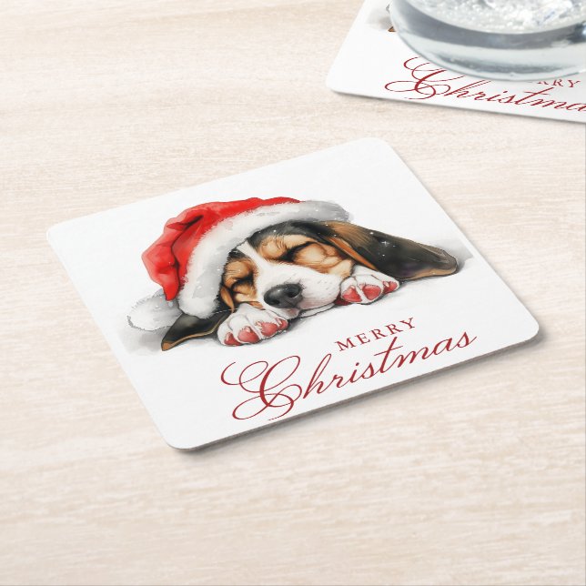 Niedlicher Hund mit Weihnachtsmannmütze Frohe Weih Rechteckiger Pappuntersetzer (angewinkelt)