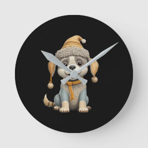 Niedlicher Hund mit Winterkleidung Runde Wanduhr