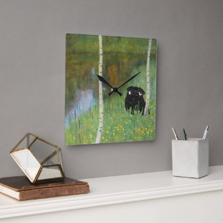 Niedlicher Hund Mops Gustav Klimt Forest Quadratische Wanduhr