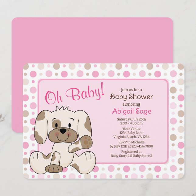 Niedlicher Hund Pink Polka Dot Baby Dusche Einladung (Vorne/Hinten)