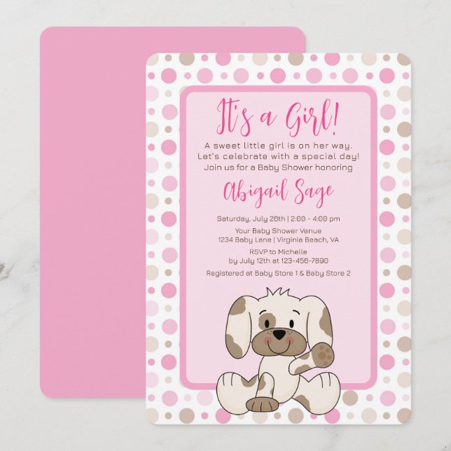 Niedlicher Hund Pink Polka Dot Baby Dusche Einladung (Vorne/Hinten)