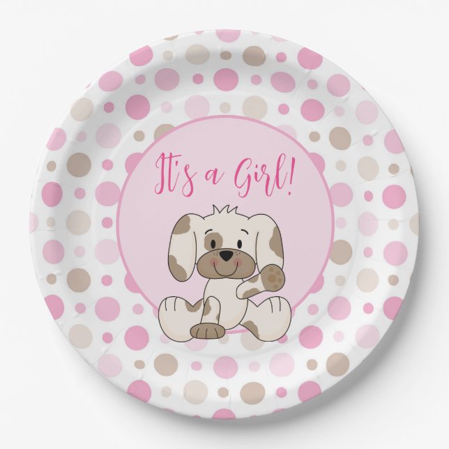 Niedlicher Hund Pink Polka Dot Baby Dusche Pappteller (Vorderseite)