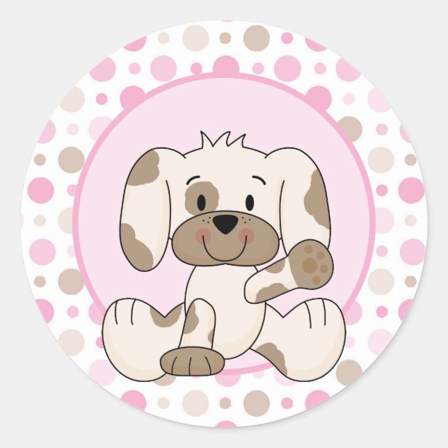 Niedlicher Hund Pink Polka Dot Baby Dusche Runder Aufkleber (Vorderseite)