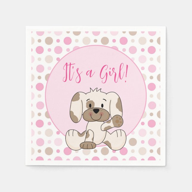 Niedlicher Hund Pink Polka Dot Baby Dusche Serviette (Vorderseite)