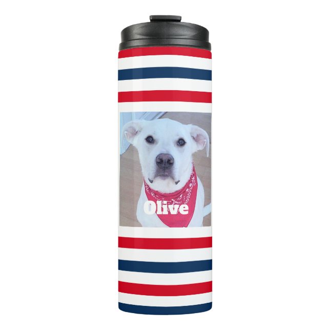 Niedlicher Hund Red White Stripes Patriotisches Fo Thermosbecher (Vorderseite)