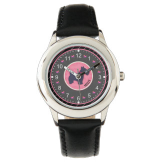 Niedlicher Hund Rosa Schwarzer Individuelle Name Armbanduhr