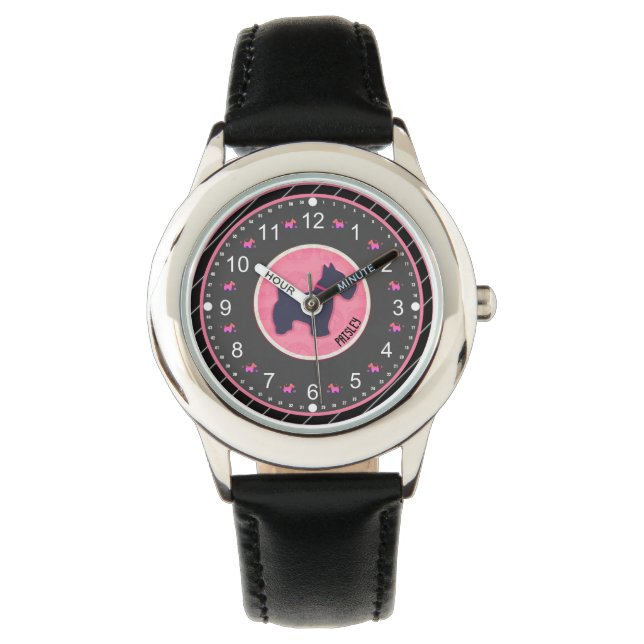 Niedlicher Hund Rosa Schwarzer Individuelle Name Armbanduhr (Vorderseite)