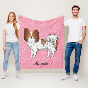 Niedlicher Hund, rot und weiß Papillon, rosa Herze Fleecedecke