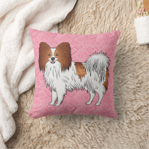 Niedlicher Hund, rot und weiß Papillon, rosa Herze Kissen