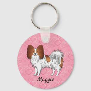 Niedlicher Hund, rot und weiß Papillon, rosa Herze Schlüsselanhänger