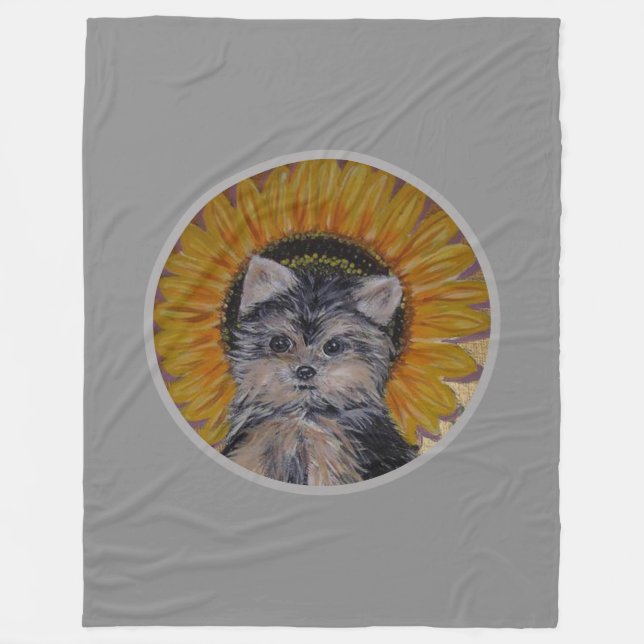 Niedlicher Hund, Sonnenblume auf Silbergrau Fleecedecke (Vorderseite)