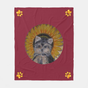 Niedlicher Hund, Sonnenblumen und Goldpfeifen Fleecedecke